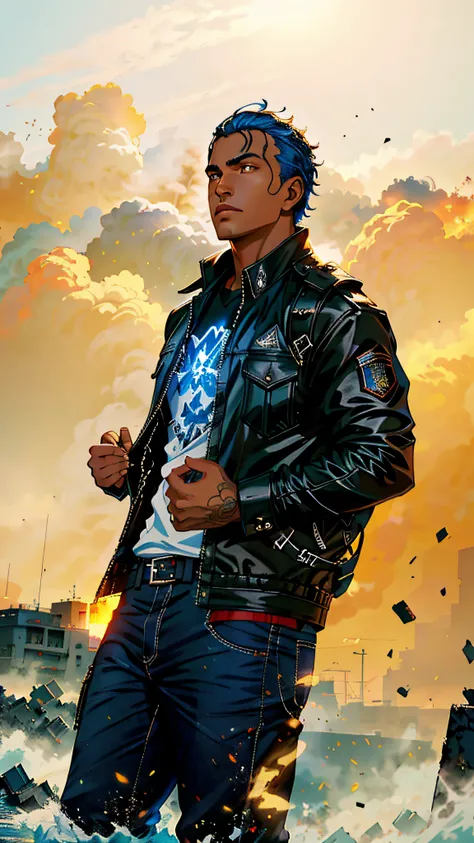 (obra-prima, melhor qualidade: 1.2), 1boy, dante, cabelo preto, casaco, luvas sem dedos, cinto, cidade, olhos detalhados, destroyed buildings, destruction, (noite: 1.4), daylighting, cinematic, epico, pose de batalha, cercado por fogo azul, papel de parede...
