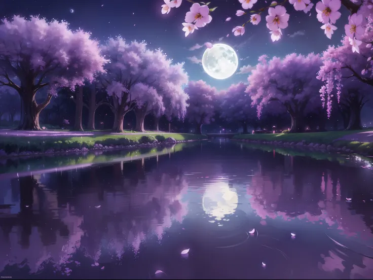 backround, cg, pnon, night, moon, wisteria, cheery blossom, one side is sky and the other is pond, panorama, ray tracing, reflec...