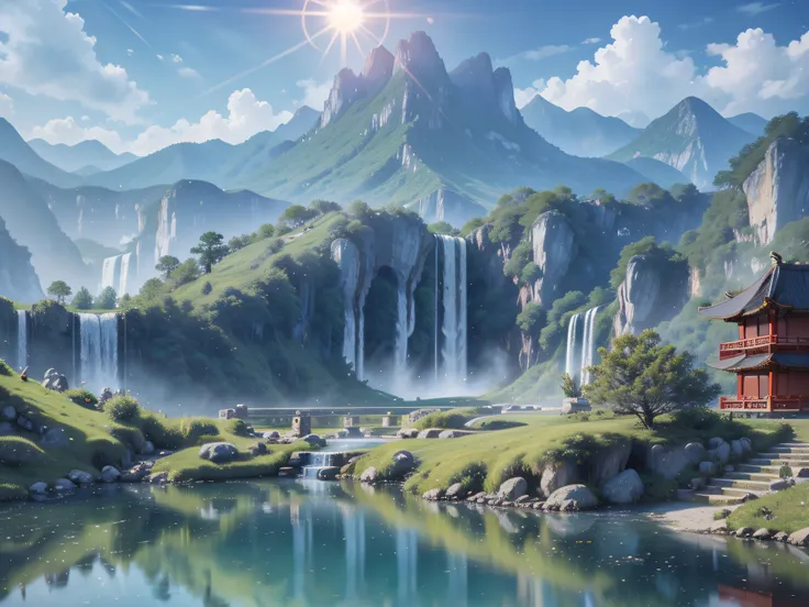 backround, cg, wuxiaworld, chinese old buliding, pond, waterfall come from the mountain top, panorama, ray tracing, reflection l...