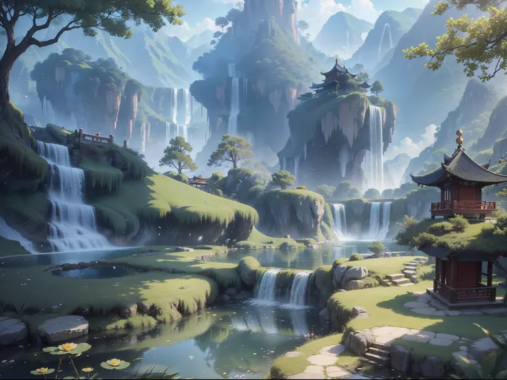 backround, cg, wuxiaworld, chinese old buliding, pond, waterfall come from the mountain top, panorama, ray tracing, reflection l...