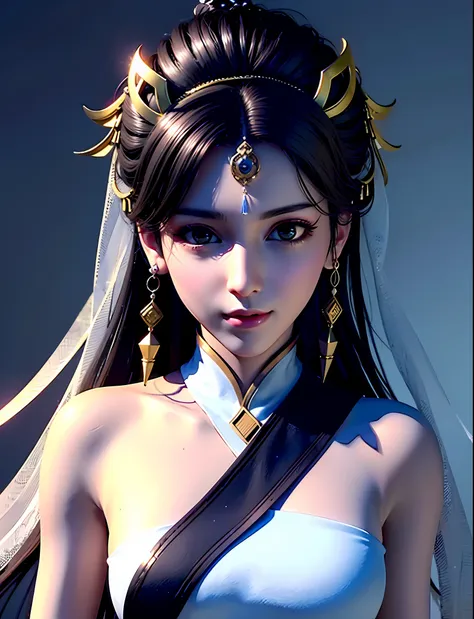 a girl with a veil on her head, beautiful as godness，game cg, xianxia hero, inspired by du qiong, unreal engine render + a godde...