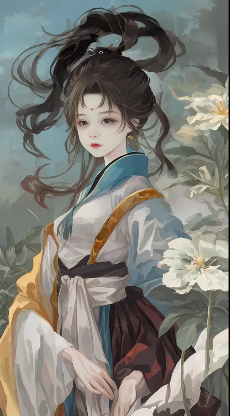 Ancient Chinese beauties standing by the river,wearing ancient chinese clothes,Flowing tulle,Light silk,Lazy posture,Crane,ink painting style,clean colors,Decisive cut,Leave white space,freehand,A Masterpiece,super verbose,epic composition, high quality, m...