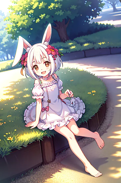 (masterpiece,best quality), 1girl,petite,flat chest, solo, solo focus, (animal ears, rabbit ears), barefoot, knees up, dress, si...