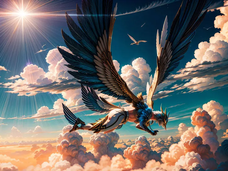 (halcyon flies through the clouds), the new man, gold iris, tan skin, blue sky and white clouds, legendary creatures, creatures,...