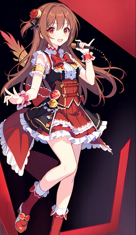 A Masterpiece、BEST QUALITY、8K Anime、detailed fingers、accurate finger、Non-unnatural hands、A illustration、a 1girl、solo、、Brown long hair、Red Idol Costume、Red mini skirt、Red eyes、White knee socks、Nozomi、