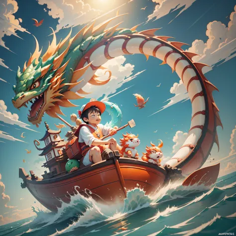 a cute chinese boy is rowing a boat, a colorful chinese dragon in the air, in the style of rendered in cinema4d, low saturation,...