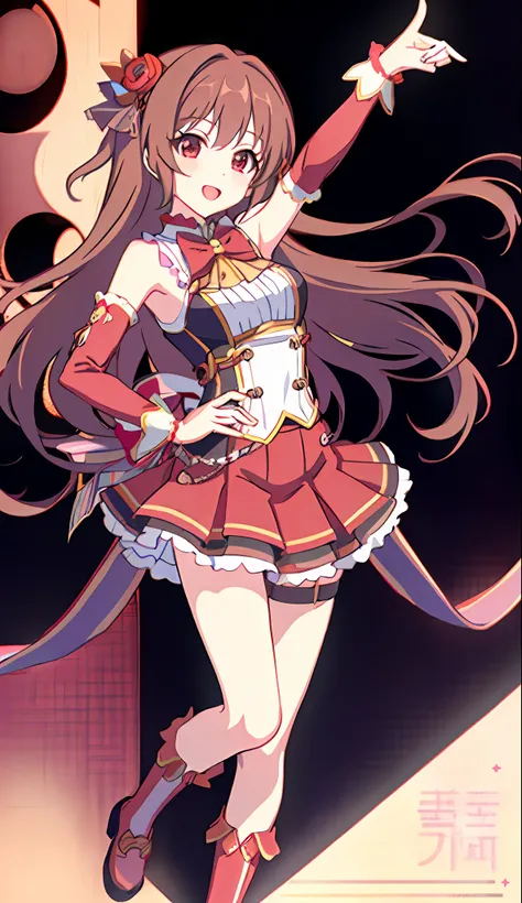 18 love beautiful girls、A Masterpiece、BEST QUALITY、8K Anime、detailed fingers、accurate finger、Non-unnatural hands、A illustration、a 1girl、solo、、、Brown long hair、Red Idol Costume、Red mini skirt、Red eyes、White knee socks、Nozomi、
