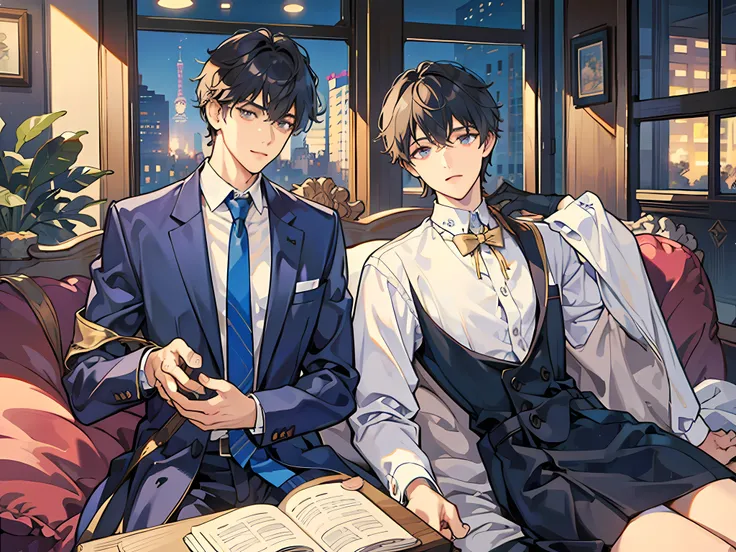 A man, delicate face, in a suit, urban handsome, star, at home, desk, sofa