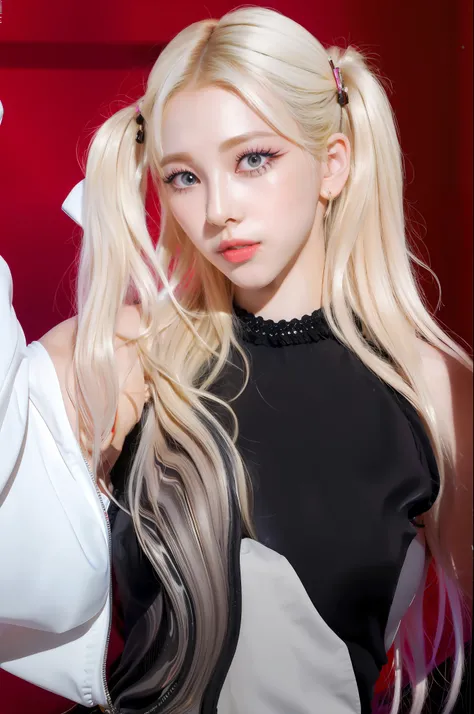 (8k, 4k, best quality, highres, ultra high res:1.1), (masterpiece, realistic, photo-realistic:1.1), 1girl, face, close-up, twintails, blonde hair, black eyes, red lips, (looking at viewer:2), absurdly long hair, long eyelashes, eyeshadow, small face, bi...