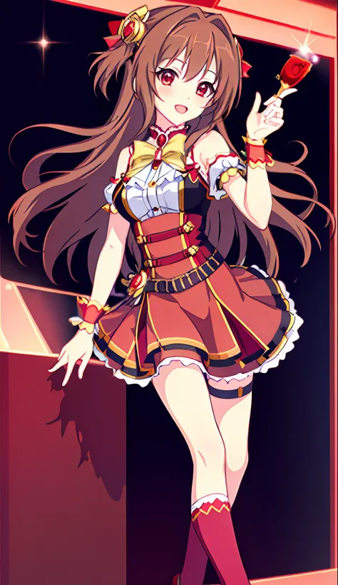 18 Love Beautiful Girl, Masterpiece, Top Quality, 8K Animation, Detailed Fingers, Precise Fingers, Non-Unnatural Hands, Illustration, 1 Girl, Solo、、、 Brown Long Hair, Red Idol Costume, Red Mini Skirt, Red Eyes, White Knee Socks, Nozomi,
