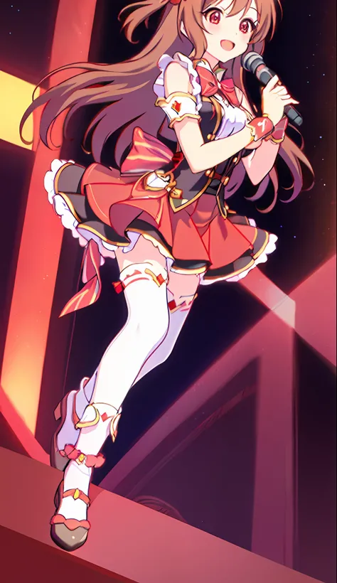 18 Love Beautiful Girl, Masterpiece, Top Quality, 8K Animation, Detailed Fingers, Precise Fingers, Non-Unnatural Hands, Illustration, 1 Girl, Solo、、、 Brown Long Hair, Red Idol Costume, Red Mini Skirt, Red Eyes, White Knee Socks, Nozomi,