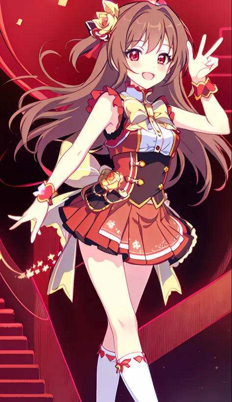 18 Love Beautiful Girl, Masterpiece, Top Quality, 8K Animation, Detailed Fingers, Precise Fingers, Non-Unnatural Hands, Illustration, 1 Girl, Solo、、、 Brown Long Hair, Red Idol Costume, Red Mini Skirt, Red Eyes, White Knee Socks, Nozomi,