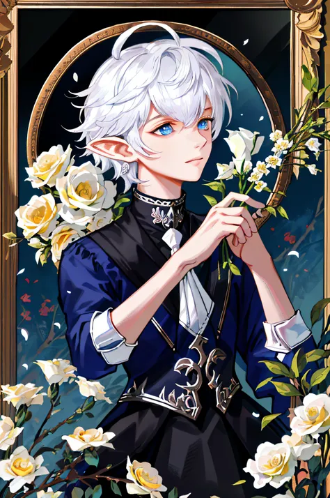 alphineau, watch viewer, succubus, blue eyes, shirt, holding, upper body, white flowers, hair over one eye, black shirt, single ...