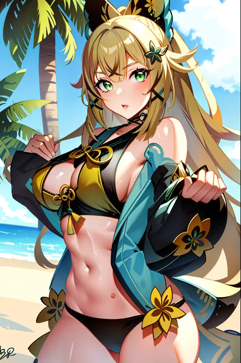 1girl, beautiful, green eyes, blonde hair 1girl, nya, bikini, beach, big boobs