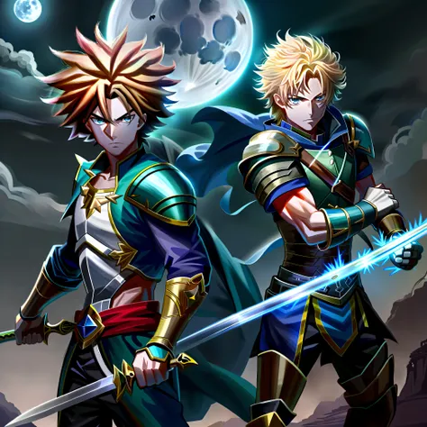 Swordsman,brunette,with blonde affro hair,with a blue sword,with thunder eyes,at night,full moon,Hd,best picture,wallpaper,anime photography,drawing,hd,with thunder around