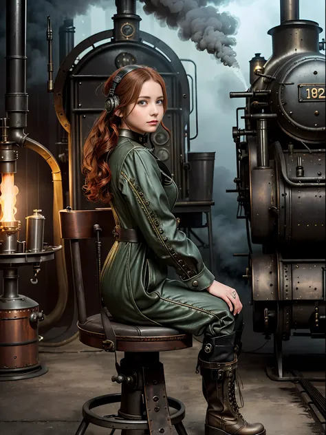 photorealistic, perfect anatomy, realistic character, hyper photorealism, very high contrast photograph, street photography, cinematic lighting, dramatic lighting, shot from the back, (((a girl on a chair is repairing a steam engine in the steamy smoky wor...