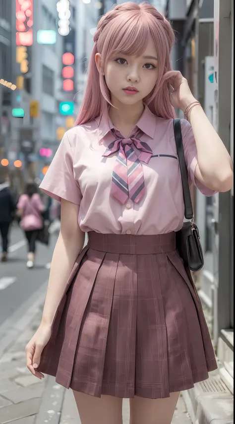(8k, RAW photo, best quality, mastery:1.3),(realistic,photo-realistic:1.37),(looking viewer:1.331),(pink hair),posing,Tokyo street,cyberpunk city,soft light,1girl,extremely beautiful face,hands down,casual hairstyle,casual expression, Big eyes, lower abdom...