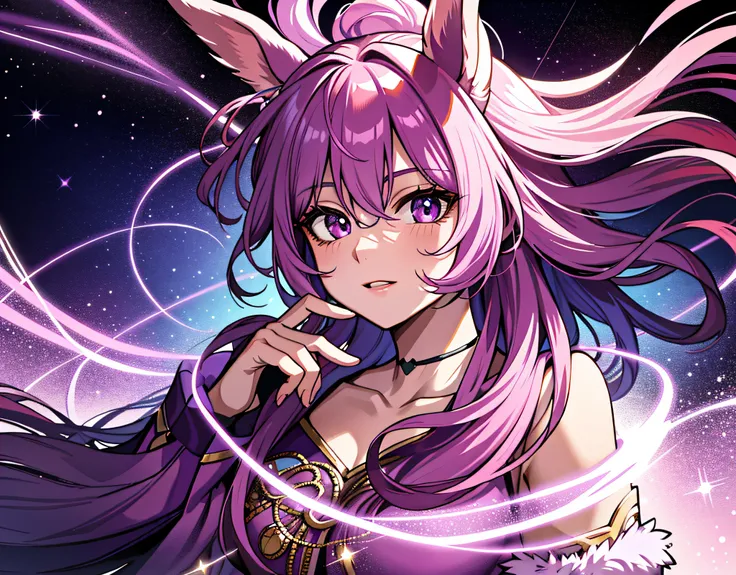 Horse, pink fur, purple mane, sparkly, a purple confusing sparkle mist all around them, in a clearing at dawn, masterpiece, best quality, ((In Magical art style))