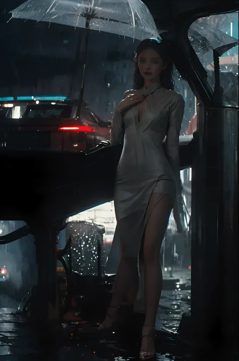 Photo of a woman in a city street , inside a car , skinny , tight dress ,( cinematic look :1.4), soothing tones , insane details , intricate details , hyperdetailed , low contrast , soft cinematic light,( dim colors :0.6). hdr , raw , slate gray atmosphere...