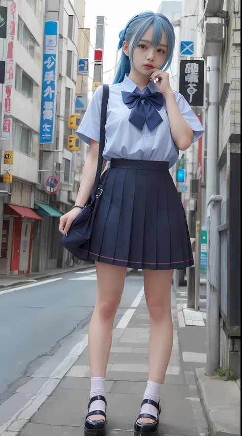 (8k, raw photo, best quality, mastery:1.3),(realistic,photo-realistic:1.37),(looking viewer:1.331),(blue hair),posing,tokyo stre...