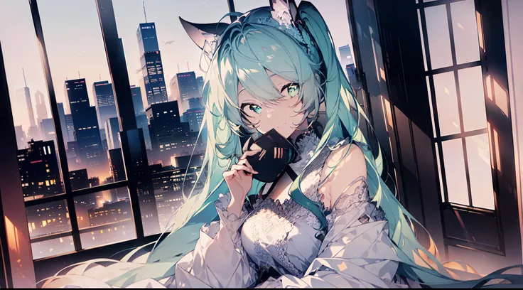 a 1girl、a masterpiece、delicate touch、best_quality、(gradation hair)、twintails、cat ears、(aqua eyes)、beautiful and beautiful eyes、m...