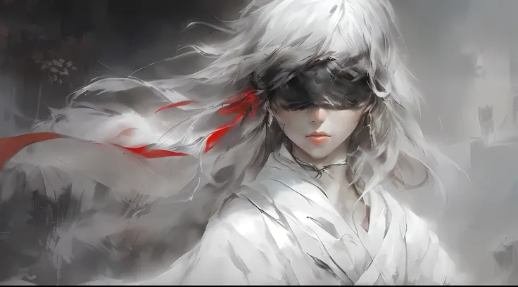 painting of a woman with a mask and feather in her hair, artwork in the style of guweiz, guweiz, guweiz masterpiece, beautiful character painting, by Yang J, girl with white eyes, fantasy blindfold, guweiz on pixiv artstation, white mask, guweiz on artstat...