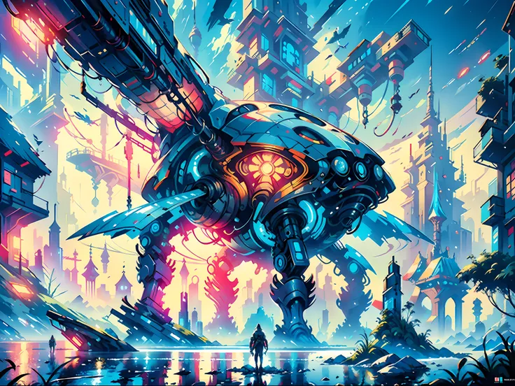 a poster of a woman standing in front of a giant futuristic mechanical structure, bastien grivet, 4k highly detailed digital art...