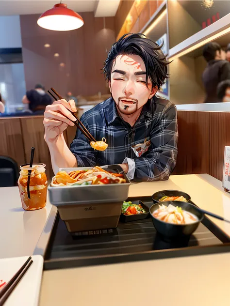 there is a man eating a meal at a restaurant with chopsticks, mukbang, eating, #oc, # oc, fast food review, eating ramen, taken ...