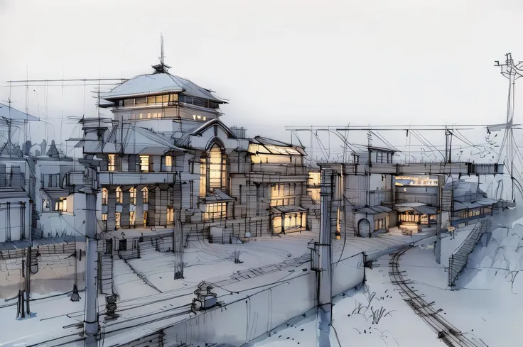 sketch, sketch, pen_sketch_style, tracks, lanterns the photo shows the station, building, beautiful high resolution, exterior of...