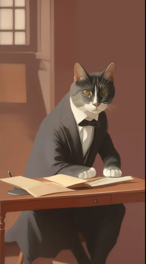 art by henry scott tuke,sad and tired anthropomorphic cat in tight office attire, sitting, high resolution, masterpiece, hd,