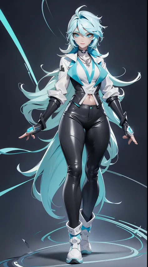 full body picture unreal engine 5 8k uhd of a beautiful adult girl, long cyan hair, wearing futuristic black tight battle suit, ...