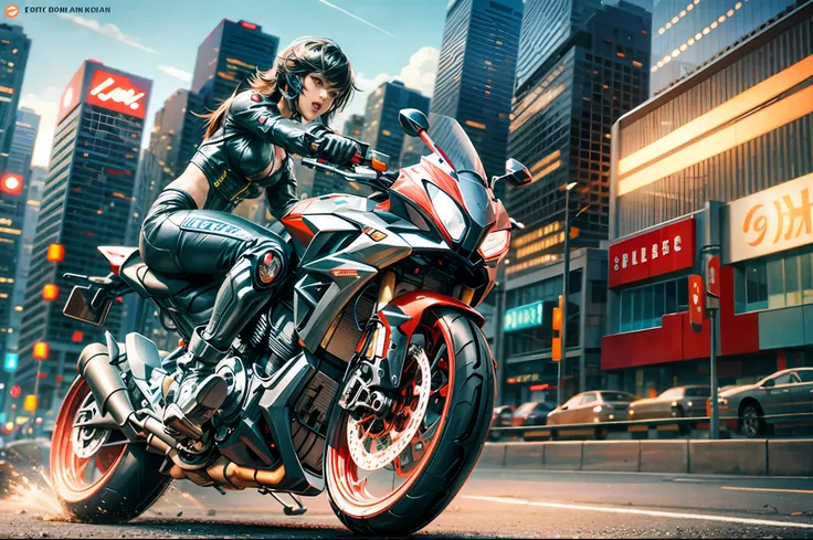 sexy cyborg riding motorcycle, futuristic city, cyberpunk, depth of field, motion blur, panning shot,