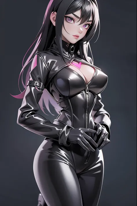 picture Unreal Engine 5 8K UHD of beautiful girl, black hair, wearing tight latex catsuit with gothic black short dress outwear, body harness, corset, magenta eyes, dark makeup, seductive moods, best quality, masterpiece