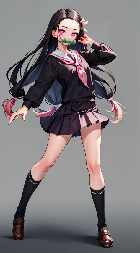 1girl, kamado nezuko, pink eyes, black hair, hair ribbon, pink ribbon, ribbon, long hair, multicolored hair, very long hair, bit...