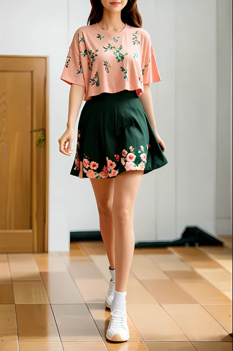 floral mini skirt, loose t-shirt, dad sneakers.