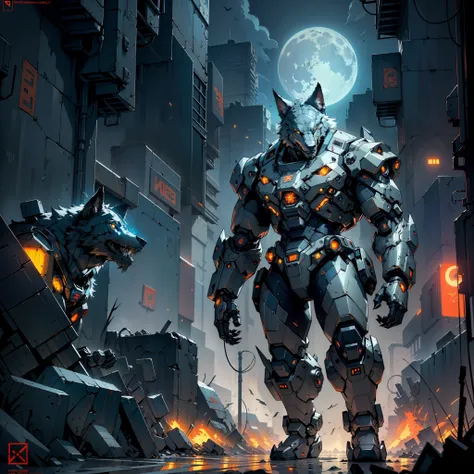 cyberpunk, best quality, masterpiece, wolf mecha, unmanned, full body, wolf head, teeth, claws, mechanical marvel, strong, moon,...