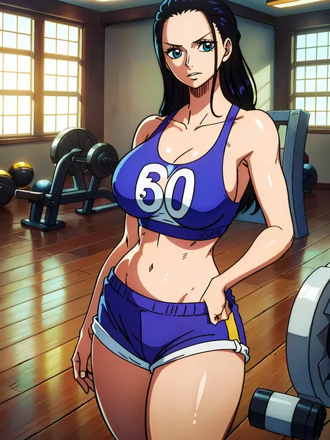 1girl, (shapely body), (solo), 30 years old,  hdr, ((sports bra and shorts)), gym, indoor, nico robin, standing, huge breasts, n...