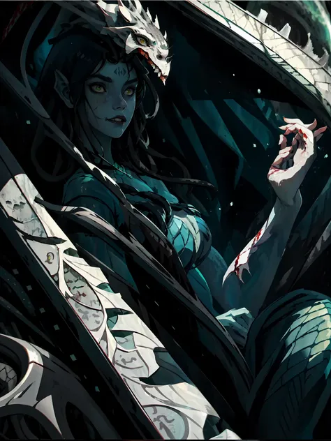 (masterpiece, best quality:1.2),bloody and sexy, beautiful face,Gray-green skin,mermaid, highly detailed, {best quality}, {{depth of field}}, illustration, solo, sharp focus, {{character {1 girl, }}, (black straight hair:1.6),(hair is straight and loose...