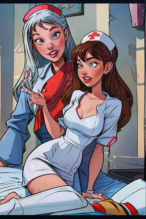 "Masterpiece with the best quality and great detail: nurse in the infirmary, dressed in an elegant white dress with pronounced neckline, curtains around, highlighting her large breasts."