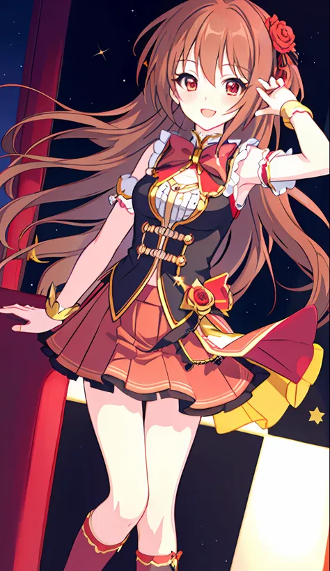18 Love Beautiful Girl, Masterpiece, Top Quality, 8K Anime, Detailed Fingers, Precise Fingers, Unnatural Hands, Illustrations, 1 Girl, Solo, Brown Long Hair, Red Idol Costume, Red Mini Skirt, Red Sex Eyes, White Knee Socks, Nozomi,
