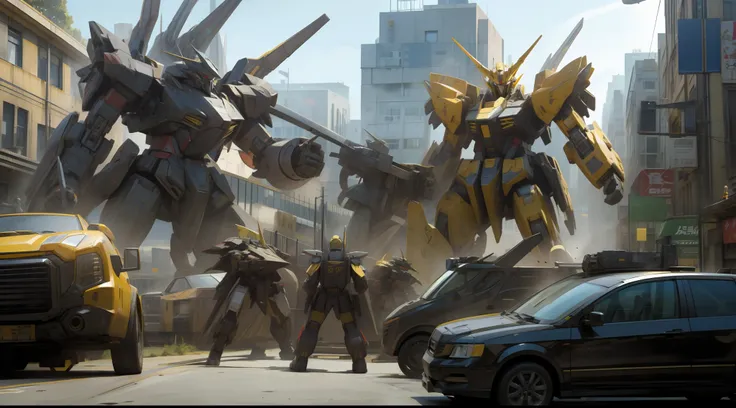 yellow and black, a mecha war in a giant city