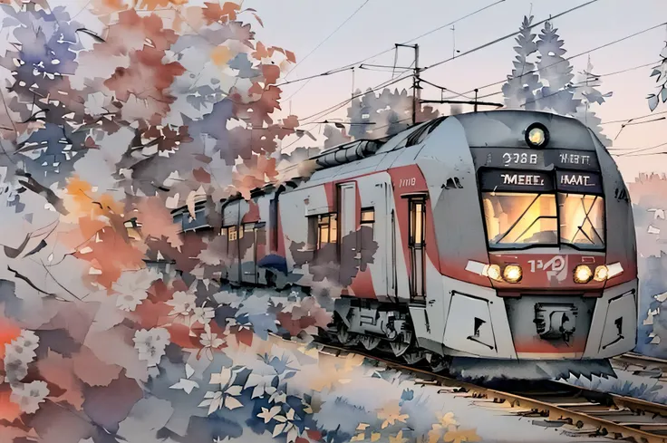 ( watercolor \ (medium \), drawing, iriscompiet: 1.2), painting red and gray russian electric train swallow rides along the trac...