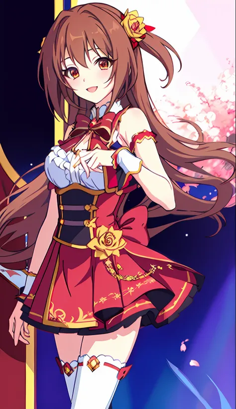 18 Love Beautiful Girl, Masterpiece, Top Quality, 8K Anime, Detailed Fingers, Precise Fingers, Unnatural Hands, Illustrations, 1 Girl, Solo, Brown Long Hair, Red Idol Costume, Red Mini Skirt, Red Sex Eyes, White Knee Socks, Nozomi,