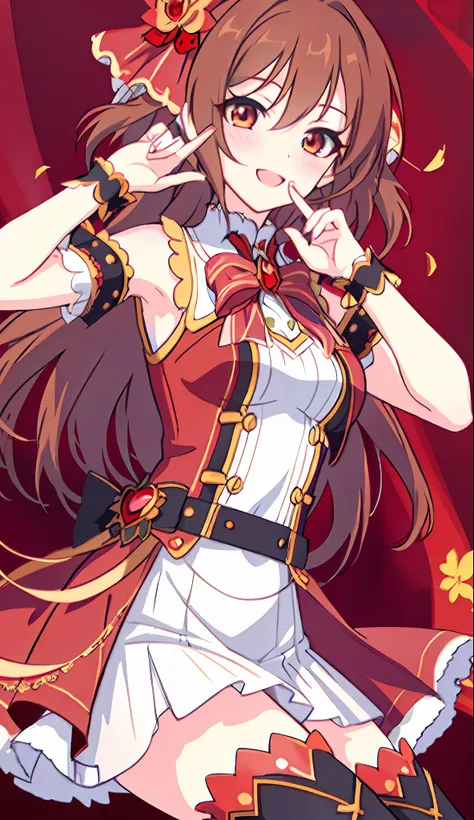 18 Love Beautiful Girl, Masterpiece, Top Quality, 8K Anime, Detailed Fingers, Precise Fingers, Unnatural Hands, Illustrations, 1 Girl, Solo, Brown Long Hair, Red Idol Costume, Red Mini Skirt, Red Sex Eyes, White Knee Socks, Nozomi,