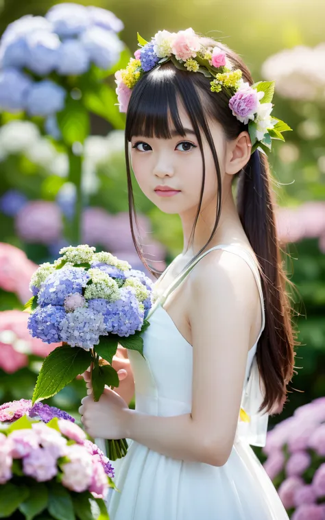 20 years old, twilight rays, wedding dress, flower crown, ((tokugawa-en)), hydrangea fore bokeh, strong background bokeh, photor...