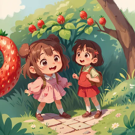 Happy child girl. Bucolic style. Womens childrens clothing. Smooth color. Simple art. Ghibli studio style. Strawberry character style.