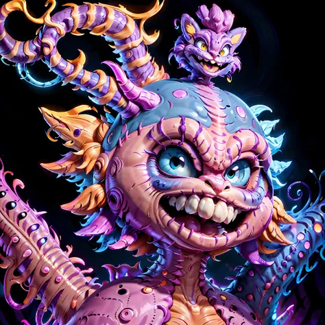 (one cheshire cat:1.3), (wonderful:1.05), (mutant:1.1), (wide mouth), (Brightly-Blue eyes), glowing neon-purple fur, neon striped tail, mischievous, sinister, (creepy), (Abstract color background), neon lines on the background, sharp focus, (glowing purple...