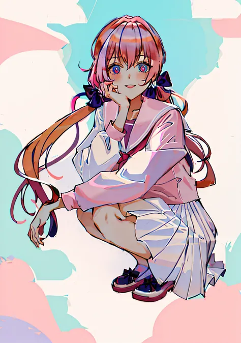 masterpiece, ultra hd) 1 girl, sailor suit)), school uniform, squat, (pink hair)), hair bow, pink pupils, gradient eyes), smile,...