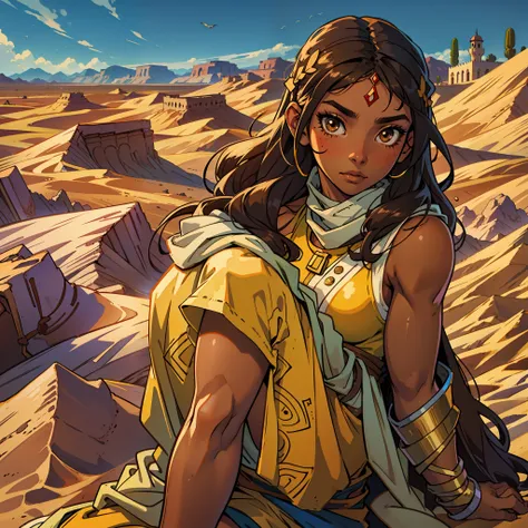 arabic anime girl with big nose and dark hair, in desert, brown eyes, tan skin --auto --s2