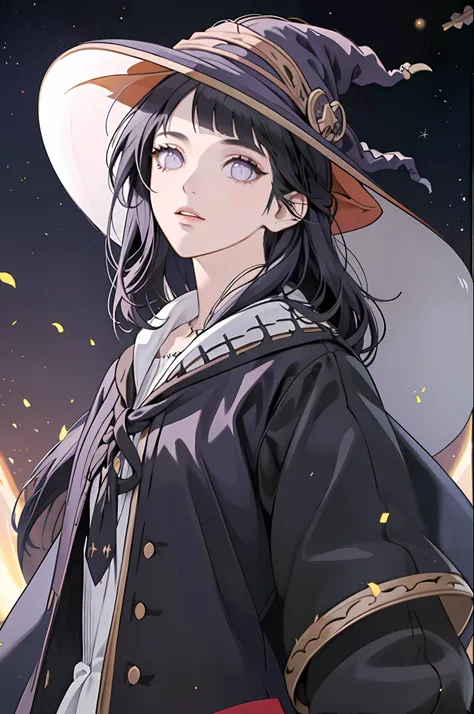 1 girl,witch, solo, long hair, (((witch attire))) , (((witch hat))) , masterpiece, perfect composition, detailed, detailed character, purple eyes, blunt bangs, dark blue hair, beautiful face, really beautiful face.